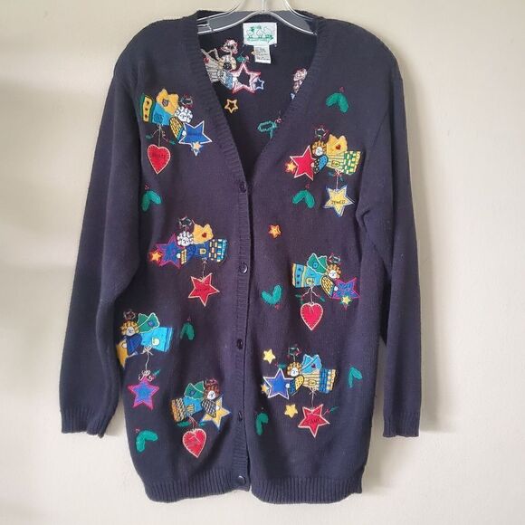 Quacker Factory Cardigan Womens Size Medium Black Knit Sweater Angels Miracles - Picture 4 of 8